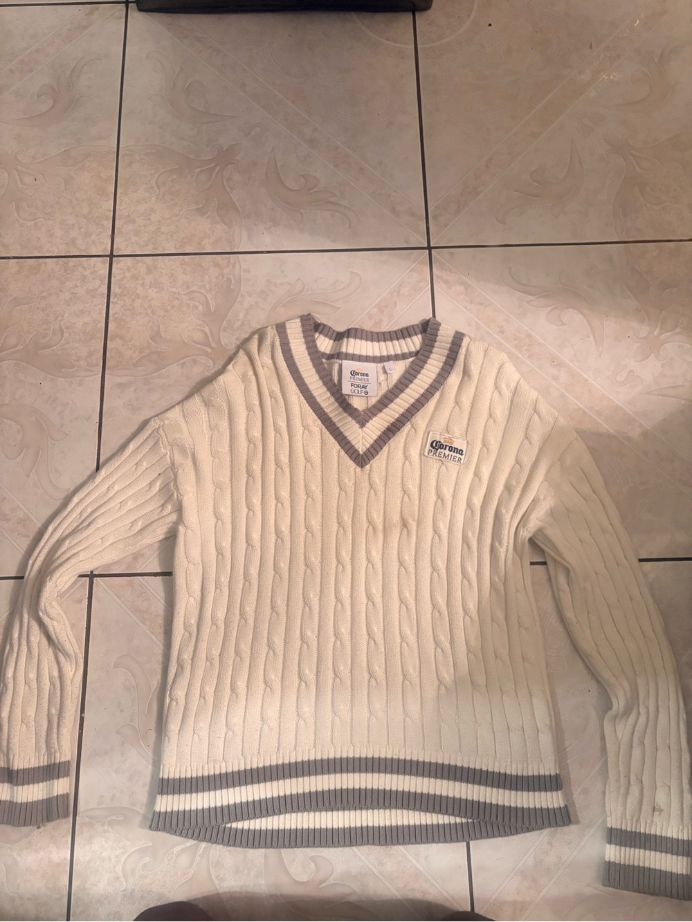 Corona Cream Cable-Knit V-Neck Sweater with Gray Trim
